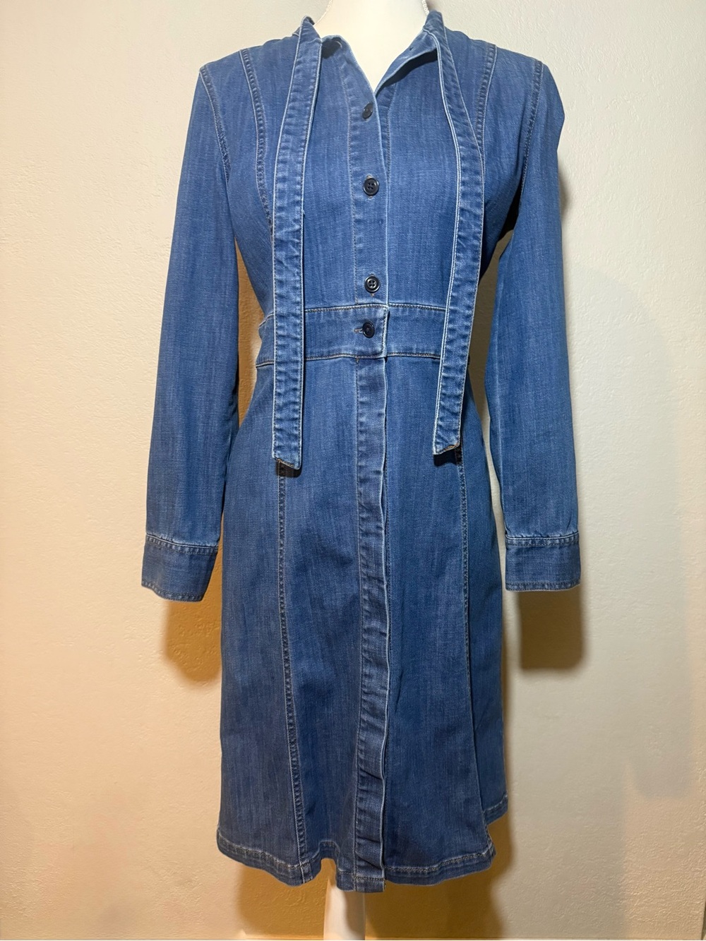 Madewell Denim Tie Neck, Retro-inspired Midi Jean Dress Front Button Closure Sz4